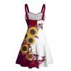 Robe gothique à col en cœur et mini robe trapèze à motif de tournesols et de crânes, couleur contrastée, buste froncé - Rouge foncé S | US 4