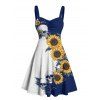 Robe gothique à col en cœur et mini robe trapèze à motif de tournesols et de crânes, couleur contrastée, buste froncé - Bleu profond L | US 8-10