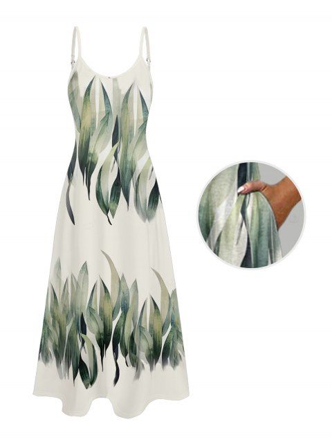 Robe de vacances à motif de feuilles avec poches et bretelles spaghetti réglables, coupe trapèze, longue et décontractée