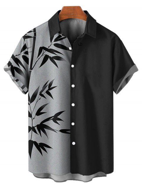 Chemise de vacances à motif de feuilles colorblock pour homme, chemise décontractée à manches courtes et boutonnée et retroussable