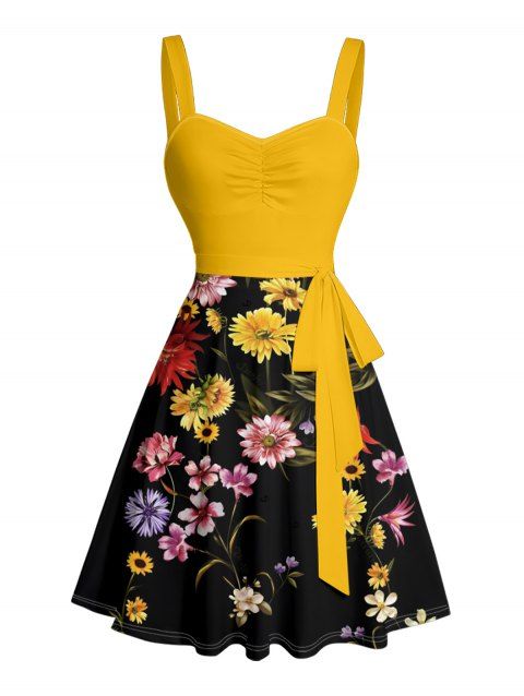 Robe de vacances à motif floral coloré, col en cœur, coupe trapèze, mini-robe décontractée