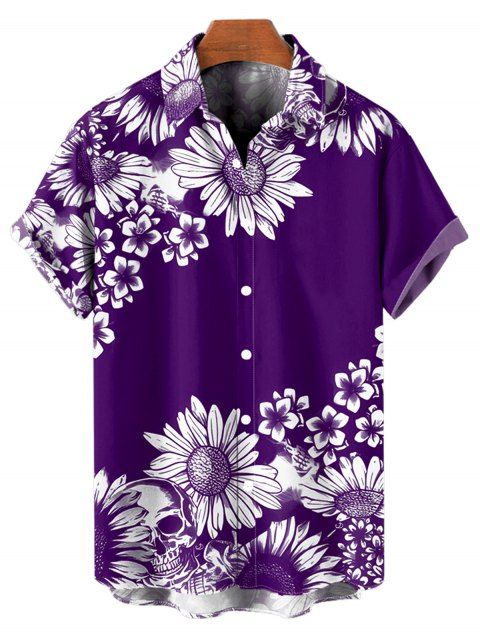 Chemise de vacances à motif marguerites pour homme, boutonnée, retroussée, manches courtes, décontractée