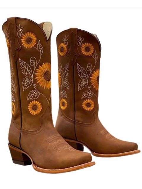 Embroidered Sunflower Leaf Pattern Zipper Up Pointed Toe Chunky Heels Outdoor Mid Calf Boots