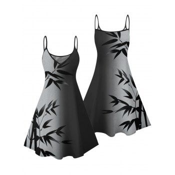 Colorblock Leaf Pattern Vacation Dress Spaghetti Strap V Neck A Line Mini Casual Tank Dress