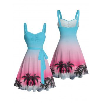 Coconut Tree Pattern Ruched Bust Ombre Belt Vacation Dress Sweetheart Neck A Line Mini Beach Dress