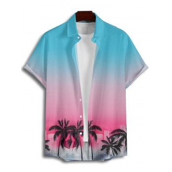 Vacation Couple Outfit Coconut Tree Pattern Ombre Ruched Bust Belt Sweetheart Neck A Line Mini Dress and Button Up Shirt Beach Matching Outfit