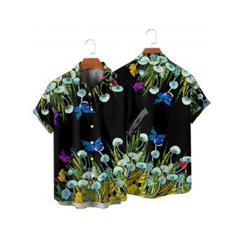 Men's Butterfly Mushroom Grass Pattern Vacation Shirt Button Up Roll Up Short Sleeve Beach Shirt