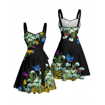 Butterfly Mushroom Grass Pattern Ruched Bust Belt Vacation Dress Sweetheart Neck A Line Mini Beach Dress