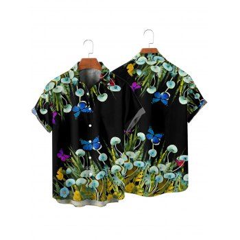 Vacation Couple Outfit Butterfly Mushroom Grass Pattern Ruched Bust Belt Sweetheart Neck A Line Mini Dress and Button Up Shirt Beach Matching Outfit