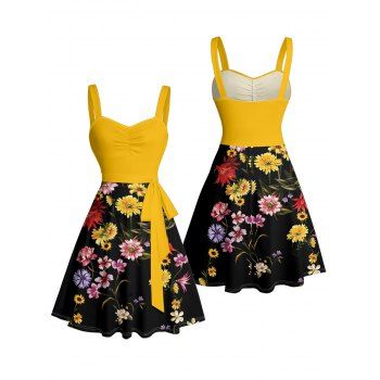 Colored Flower Pattern Colorblock Ruched Bust Belt Vacation Dress Sweetheart Neck A Line Mini Casual Dress
