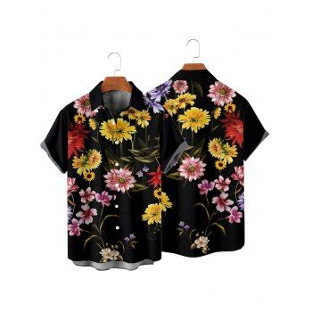 Vacation Couple Outfit Colored Flower Pattern Colorblock Ruched Bust Belt Sweetheart Neck A Line Mini Dress and Button Up Shirt Casual Matching Outfit