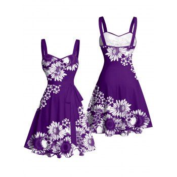 Daisy Flower Pattern Ruched Bust Belt Vacation Dress Sweetheart Neck A Line Mini Casual Dress
