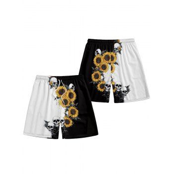 Men's Contrast Skull Sunflower Drawstrings Beach Shorts