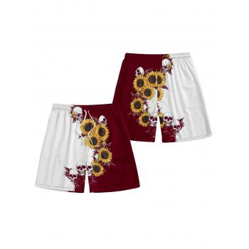 Men's Contrast Skull Sunflower Drawstrings Beach Shorts