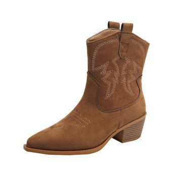 Pattern Slip On Pointed Toe Chunky Heels Vintage Boots