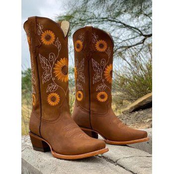 Embroidered Sunflower Leaf Pattern Zipper Up Pointed Toe Chunky Heels Outdoor Mid Calf Boots