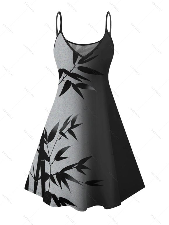 Robe de vacances à motif de feuilles colorblock, bretelles spaghetti, col en V, coupe trapèze, mini-robe débardeur décontractée - Noir XXXXXL | US 20