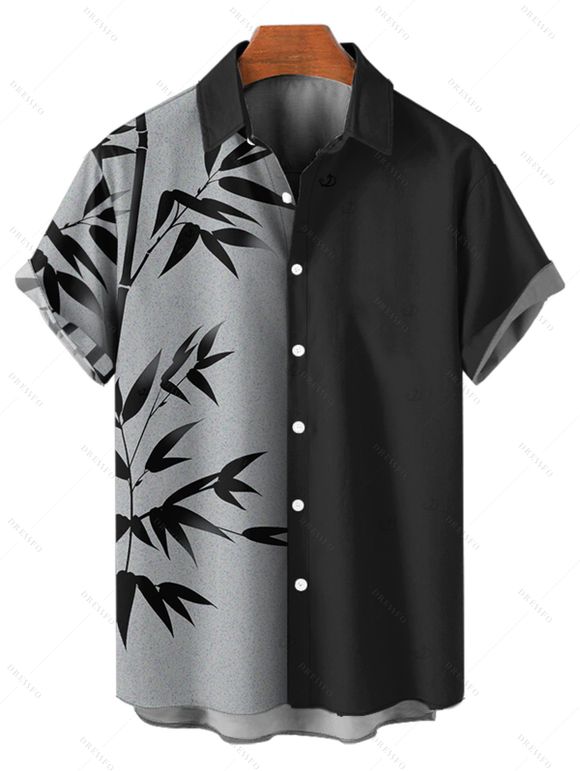 Chemise de vacances à motif de feuilles colorblock pour homme, chemise décontractée à manches courtes et boutonnée et retroussable - Noir 5XL