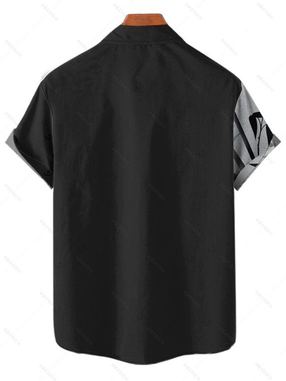 Chemise de vacances à motif de feuilles colorblock pour homme, chemise décontractée à manches courtes et boutonnée et retroussable - Noir 4XL