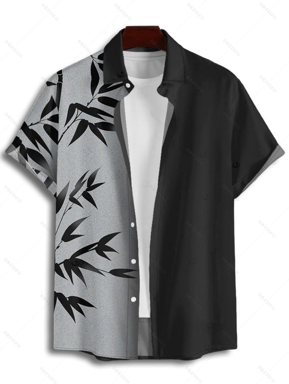 Chemise de vacances à motif de feuilles colorblock pour homme, chemise décontractée à manches courtes et boutonnée et retroussable - Noir 4XL