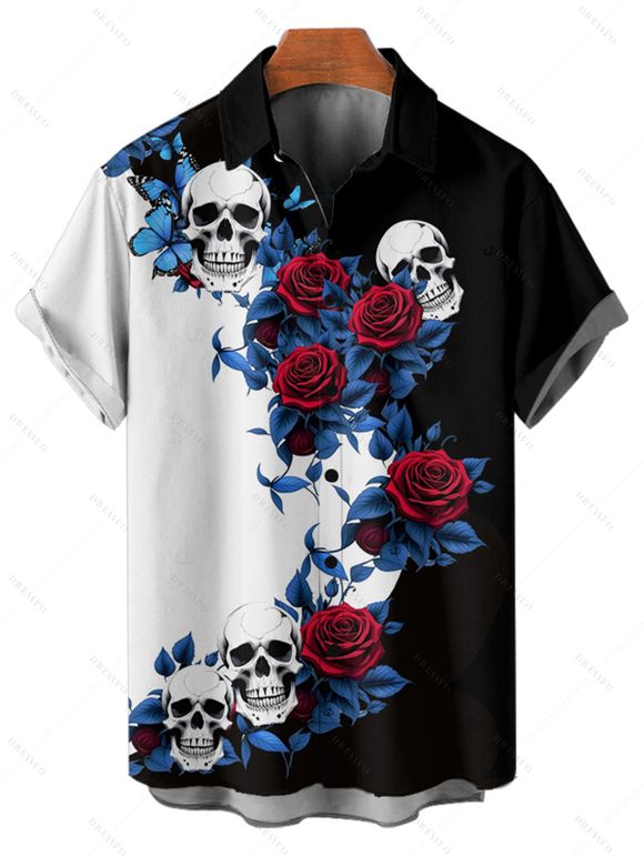 Chemise gothique monochrome à manches courtes et boutons pour homme, motif tête de mort et fleurs, style vacances - Noir 5XL