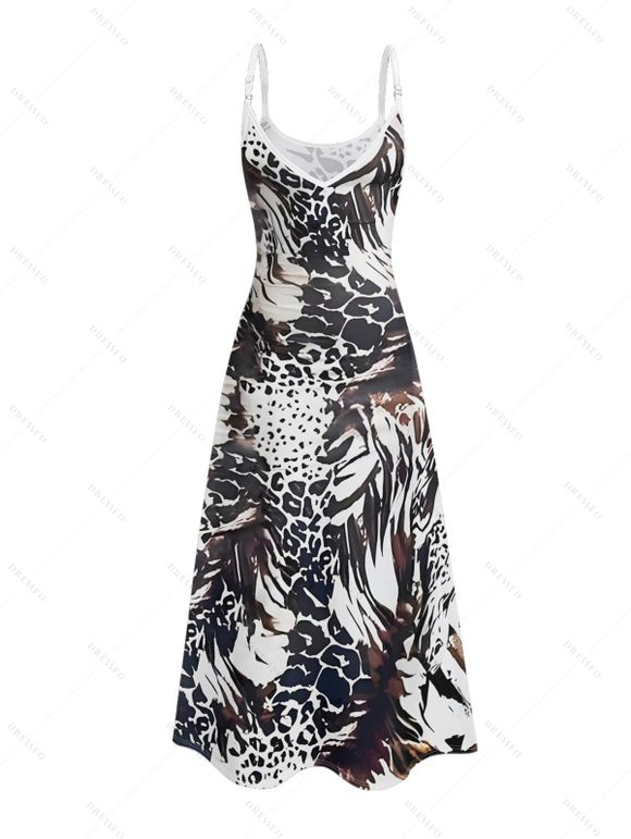 Robe de vacances à motif animalier avec poches et bretelles spaghetti réglables, coupe trapèze, longue et décontractée - Noir M | US 6
