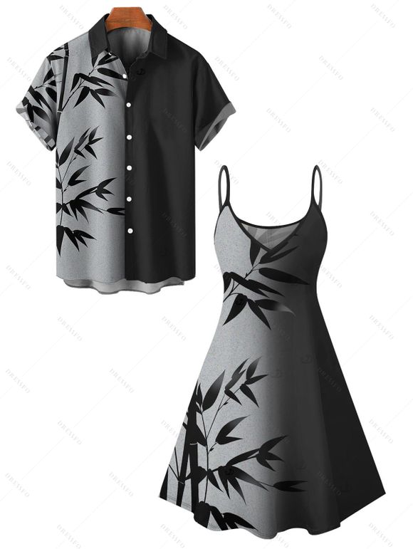 Vacation Couple Outfit Colorblock Leaf Pattern Spaghetti Strap V Neck A Line Mini Tank Dress and Button Up Shirt Casual Matching Outfit - Noir S | US 4