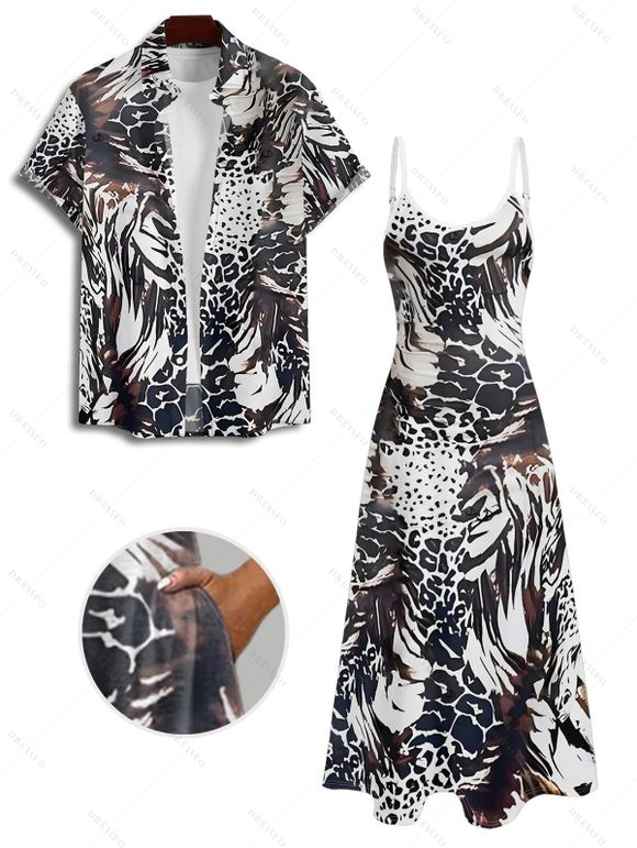Vacation Couple Outfit Allover Animal Pattern Pocket Adjustable Spaghetti Strap A Line Long Tank Dress and Button Up Shirt Casual Matching Outfit - Noir S | US 4
