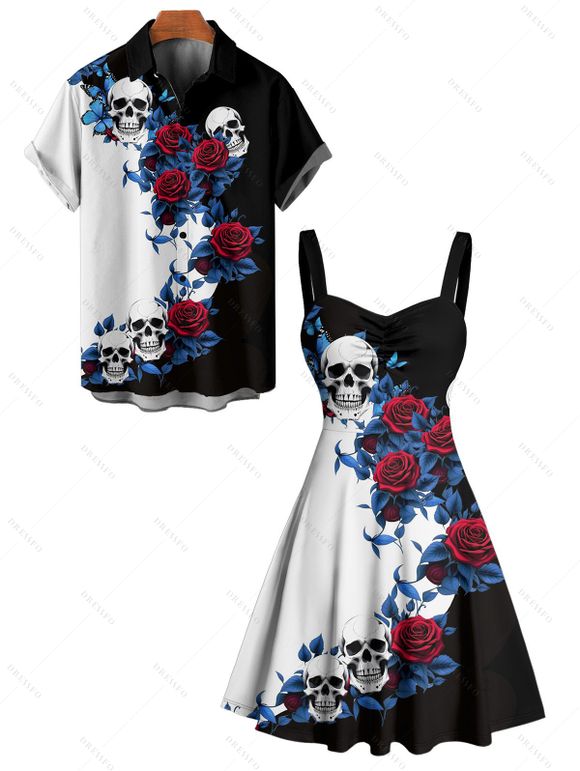 Gothic Couple Outfit Monochrome Flower Leaf Skulls Pattern Ruched Bust Belt Sweetheart Neck Dress and Button Up Shirt Holiday Matching Outfit - Noir S | US 4