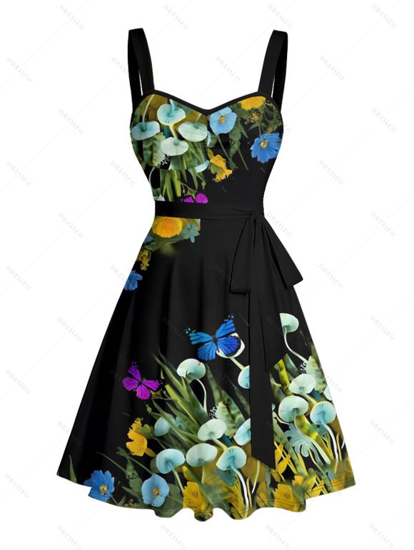 Robe de vacances à motif papillon, champignon, herbe, buste froncé, ceinture, col en cœur, mini robe de plage trapèze - Noir XXXXXL | US 20