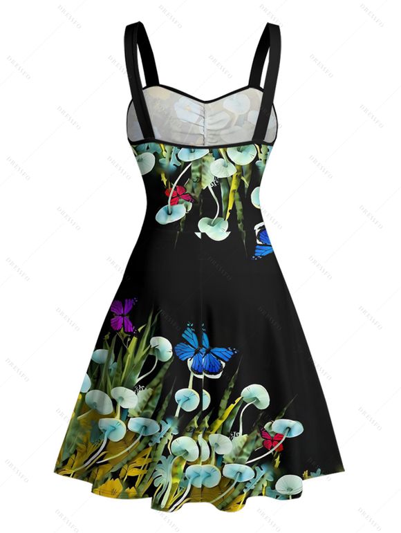 Robe de vacances à motif papillon, champignon, herbe, buste froncé, ceinture, col en cœur, mini robe de plage trapèze - Noir M | US 6