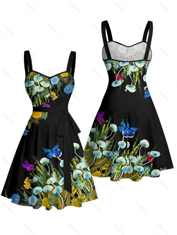 Robe de vacances à motif papillon, champignon, herbe, buste froncé, ceinture, col en cœur, mini robe de plage trapèze - Noir M | US 6