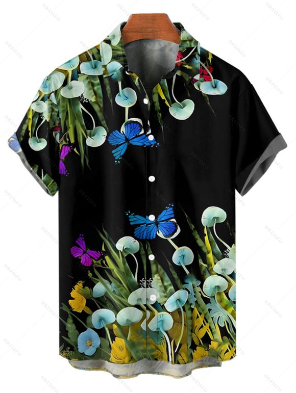 Chemise de vacances à manches courtes et boutons pour homme, motif papillon, champignon, herbe, plage - Noir 5XL