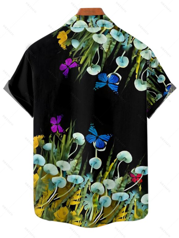 Chemise de vacances à manches courtes et boutons pour homme, motif papillon, champignon, herbe, plage - Noir 4XL