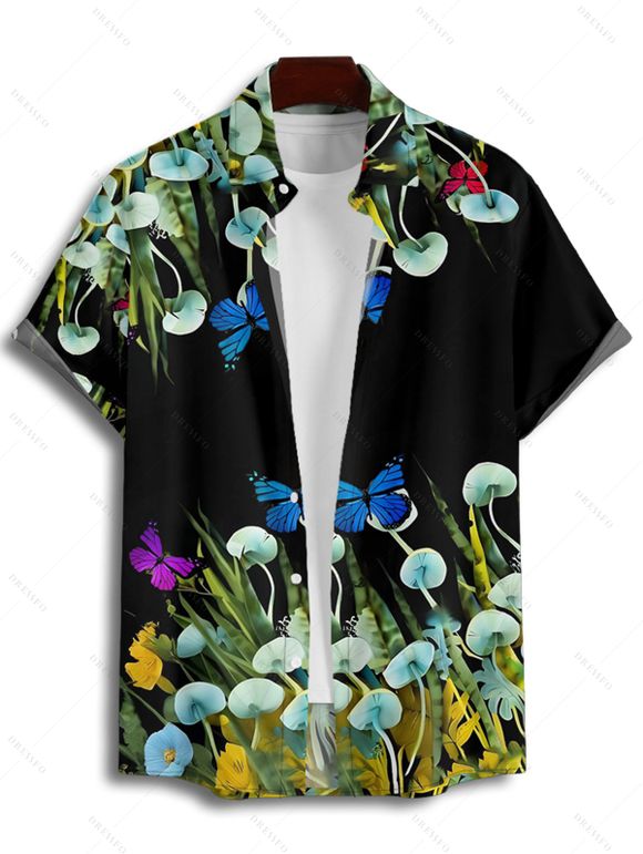 Chemise de vacances à manches courtes et boutons pour homme, motif papillon, champignon, herbe, plage - Noir 4XL