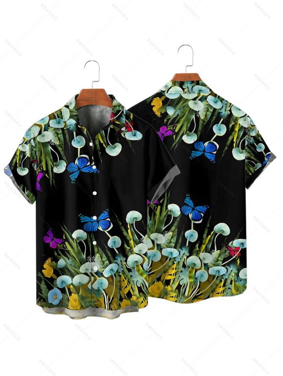 Chemise de vacances à manches courtes et boutons pour homme, motif papillon, champignon, herbe, plage - Noir 4XL