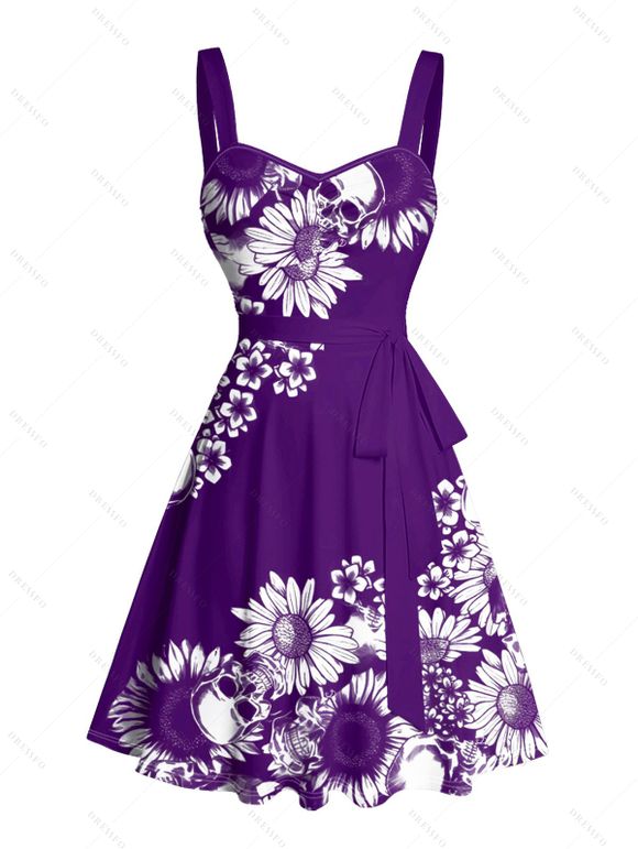 Robe de vacances à motif de marguerites, buste froncé, ceinture, col en cœur, mini-robe décontractée trapèze - Concorde XXXXXL | US 20