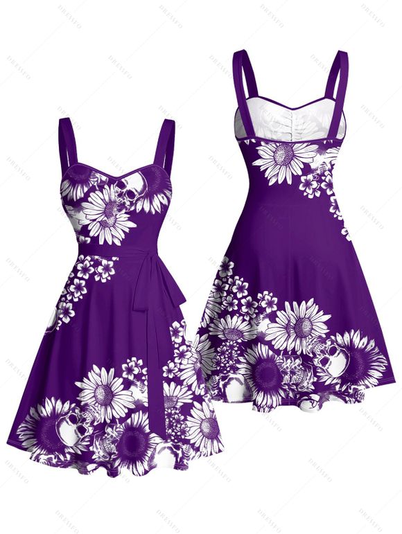 Robe de vacances à motif de marguerites, buste froncé, ceinture, col en cœur, mini-robe décontractée trapèze - Concorde XXXL | US 16