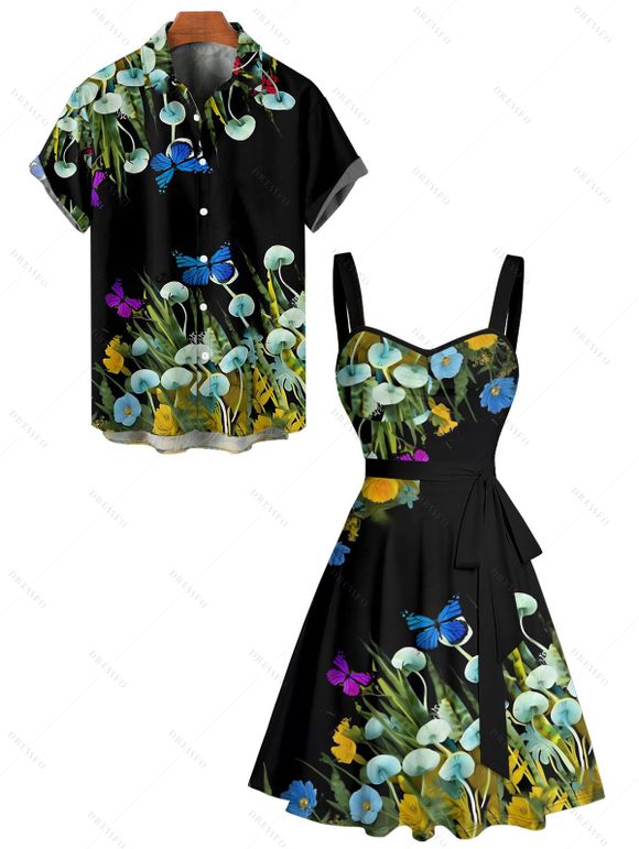 Vacation Couple Outfit Butterfly Mushroom Grass Pattern Ruched Bust Belt Sweetheart Neck A Line Mini Dress and Button Up Shirt Beach Matching Outfit - Noir S | US 4