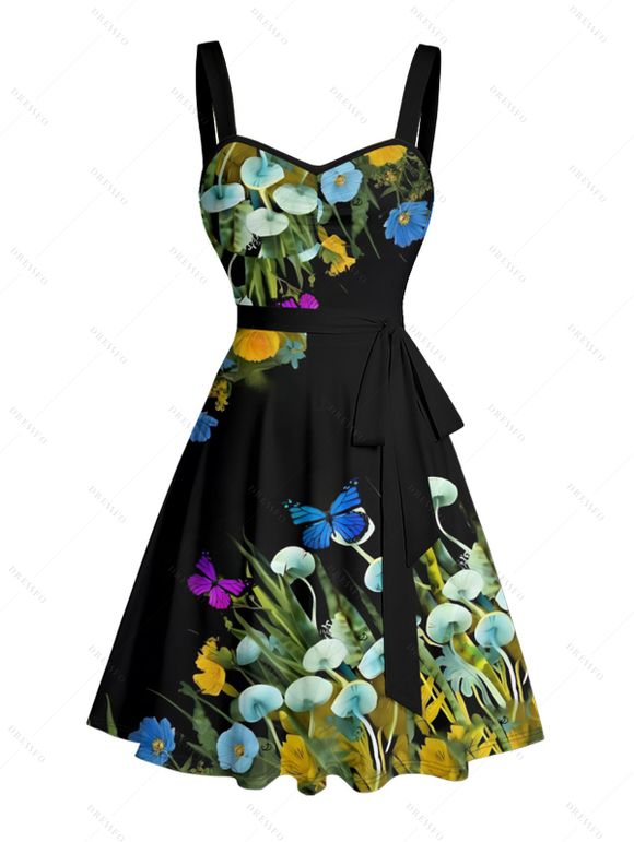 Vacation Couple Outfit Butterfly Mushroom Grass Pattern Ruched Bust Belt Sweetheart Neck A Line Mini Dress and Button Up Shirt Beach Matching Outfit - Noir S | US 4