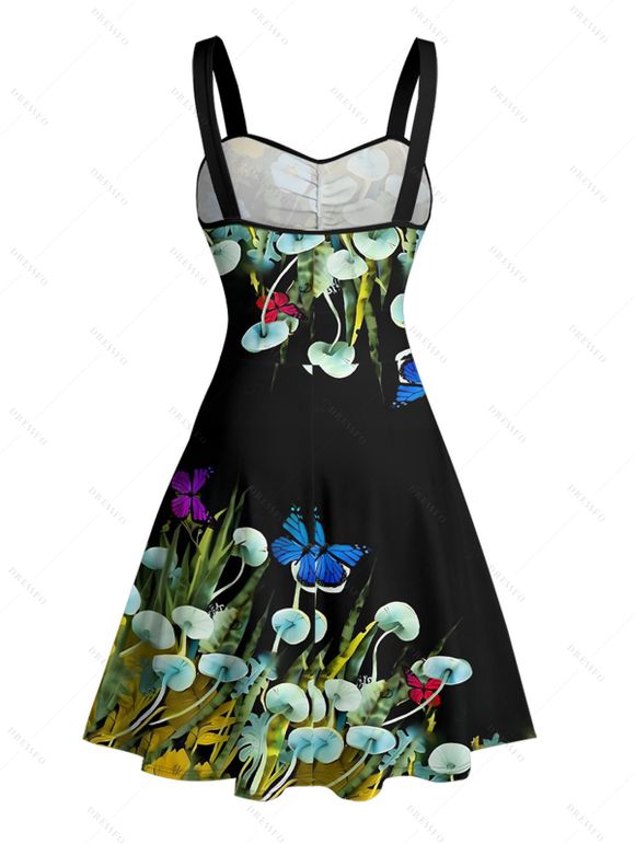 Vacation Couple Outfit Butterfly Mushroom Grass Pattern Ruched Bust Belt Sweetheart Neck A Line Mini Dress and Button Up Shirt Beach Matching Outfit - Noir S | US 4