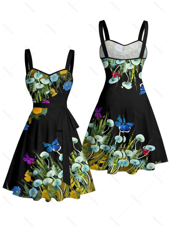 Vacation Couple Outfit Butterfly Mushroom Grass Pattern Ruched Bust Belt Sweetheart Neck A Line Mini Dress and Button Up Shirt Beach Matching Outfit - Noir S | US 4