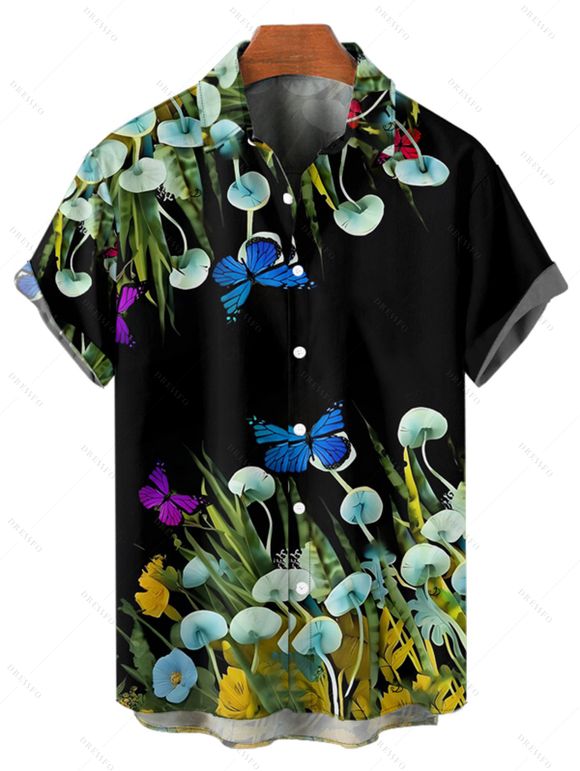 Vacation Couple Outfit Butterfly Mushroom Grass Pattern Ruched Bust Belt Sweetheart Neck A Line Mini Dress and Button Up Shirt Beach Matching Outfit - Noir S | US 4