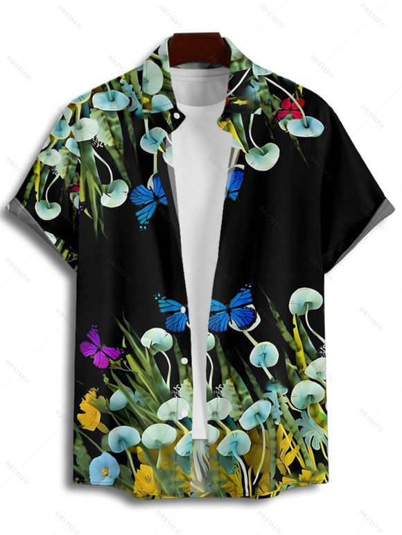 Vacation Couple Outfit Butterfly Mushroom Grass Pattern Ruched Bust Belt Sweetheart Neck A Line Mini Dress and Button Up Shirt Beach Matching Outfit - Noir S | US 4