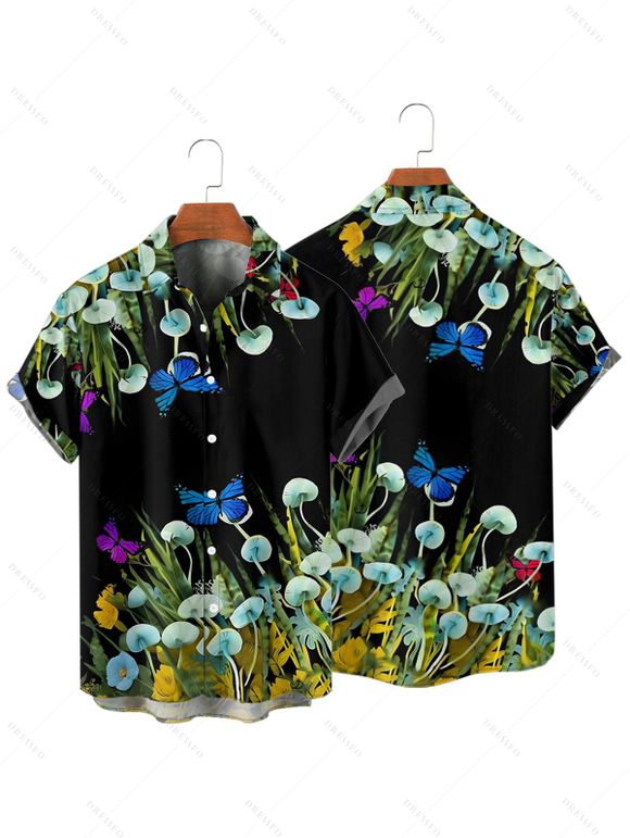 Vacation Couple Outfit Butterfly Mushroom Grass Pattern Ruched Bust Belt Sweetheart Neck A Line Mini Dress and Button Up Shirt Beach Matching Outfit - Noir S | US 4