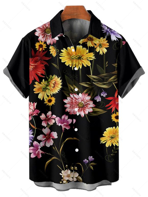 Chemise de vacances à motif floral coloré pour homme, boutonnée, retroussée, manches courtes, décontractée - Noir 5XL
