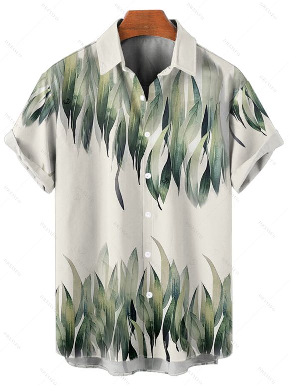 Chemise de vacances à motif feuilles pour homme, boutonnée, retroussée, manches courtes, décontractée - Vert 5XL