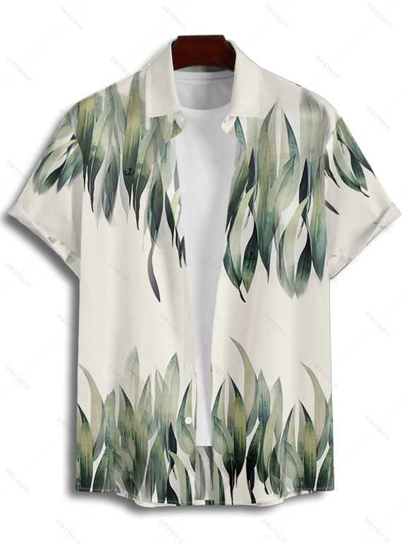 Chemise de vacances à motif feuilles pour homme, boutonnée, retroussée, manches courtes, décontractée - Vert 4XL