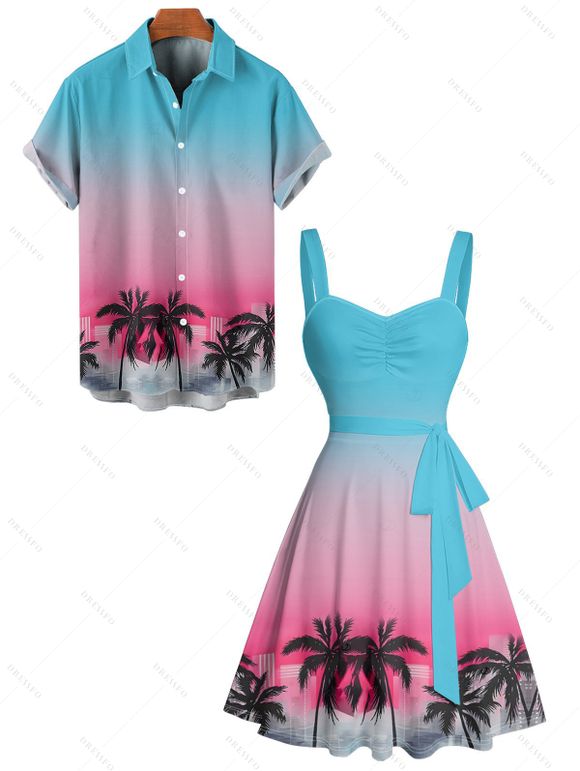 Vacation Couple Outfit Coconut Tree Pattern Ombre Ruched Bust Belt Sweetheart Neck A Line Mini Dress and Button Up Shirt Beach Matching Outfit - multicolor S | US 4