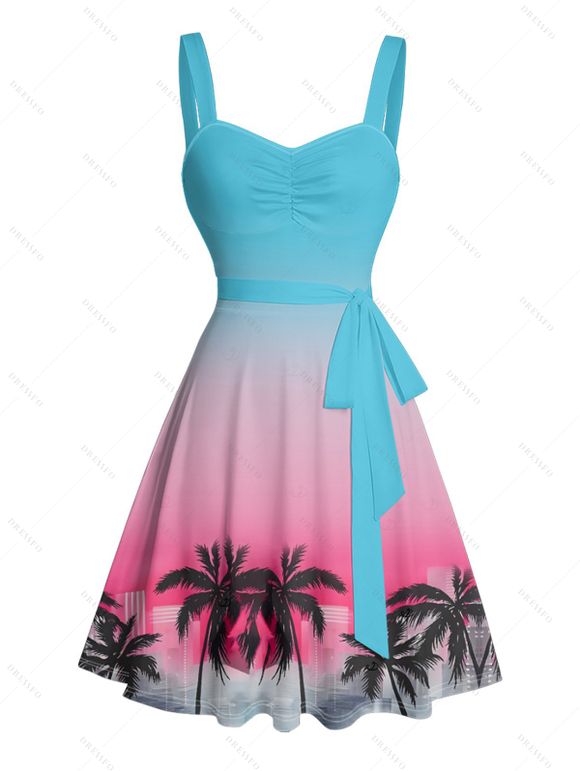 Vacation Couple Outfit Coconut Tree Pattern Ombre Ruched Bust Belt Sweetheart Neck A Line Mini Dress and Button Up Shirt Beach Matching Outfit - multicolor S | US 4